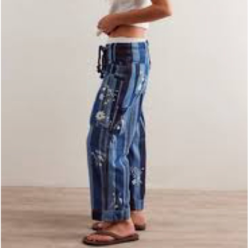 Free People Blue Striped Floral Embroidered Pants - Picture 2 of 11